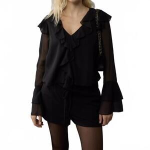 AE Long-Sleeve Chiffon Ruffle Blouse American Eagle Black NWT Size Medium